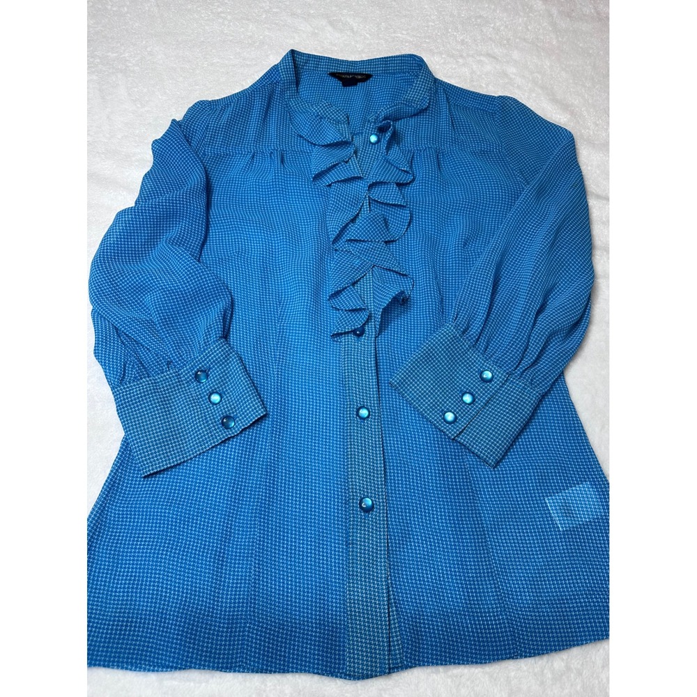 Banana Republic Turquoise Houndstooth Ruffle Front Blouse 3/4 Sleeve Size 2 - Picture 8 of 8